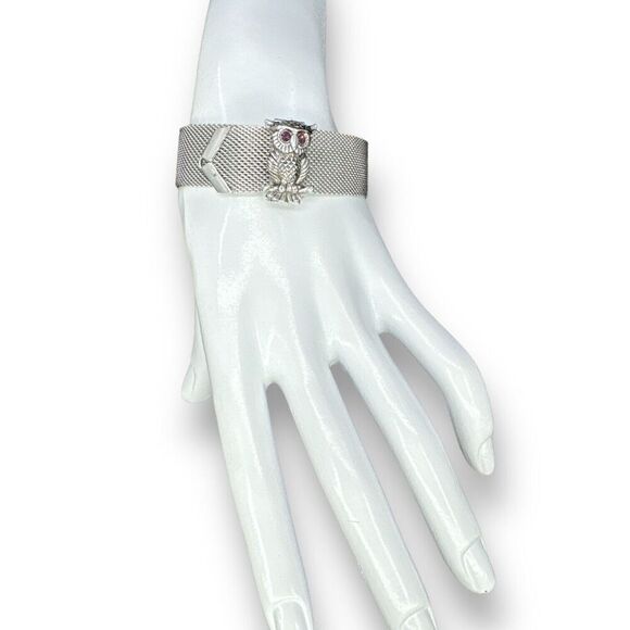 Vintage SARAH COVENTRY Owl Rhinestone Silver Tone Mesh  Slide Bracelet - Picture 1 of 10